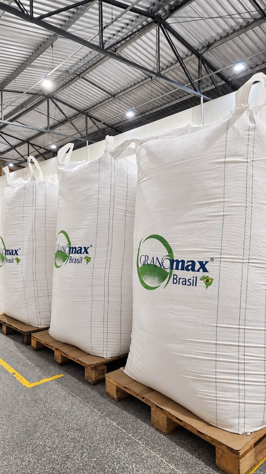 Big Bags de farinha de arroz sobre pallets no galpão da fábrica