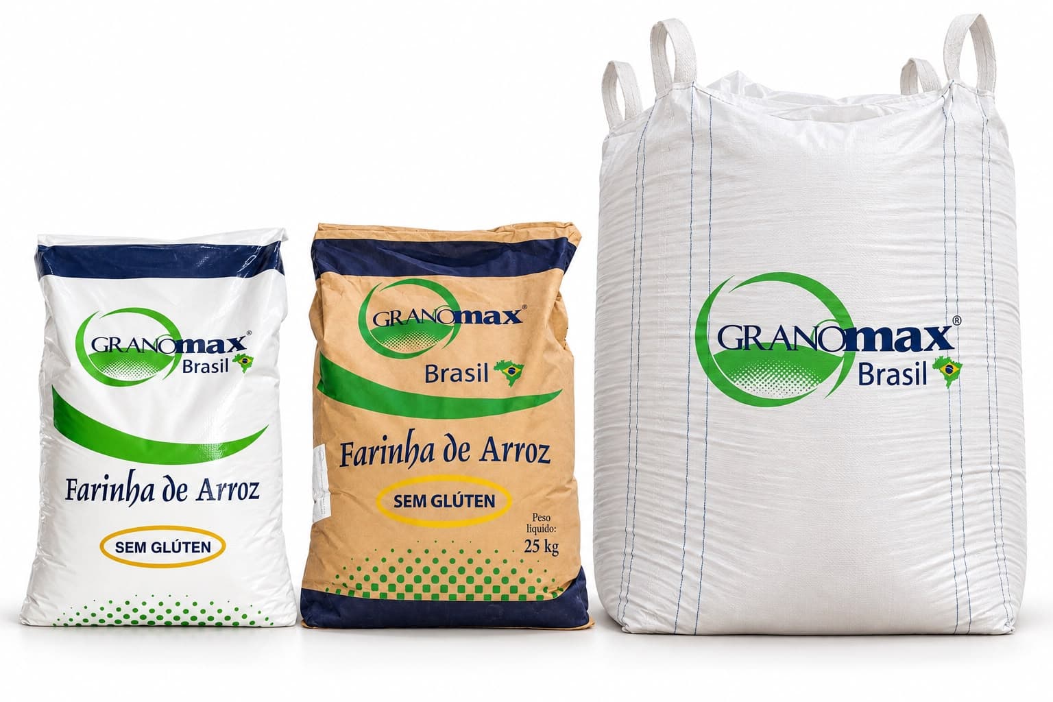 Saco de 25 kg em polietileno, saco de 25 kg em kraft e Big Bag da Granomax
